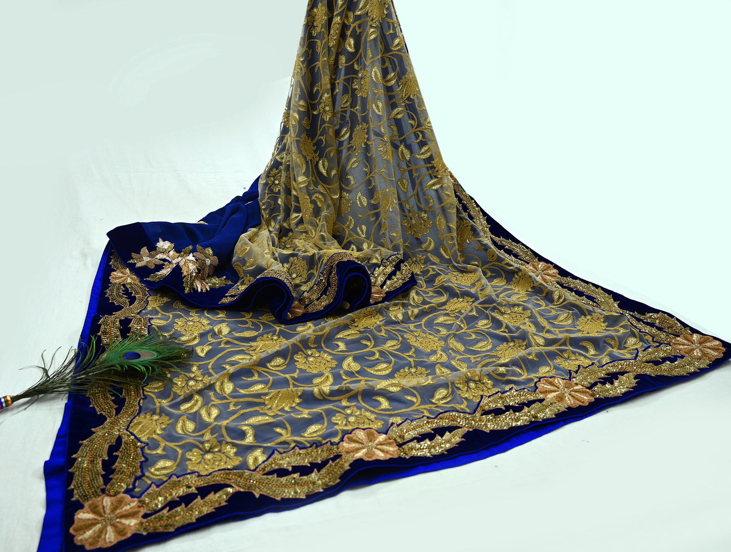 Indian Pre-owned Saree Blue Pure Georgette Silk & Net Hand Embroidered Sabyasachi Designer Sari 6Yd Soft Ethnic Bollywood Party saree