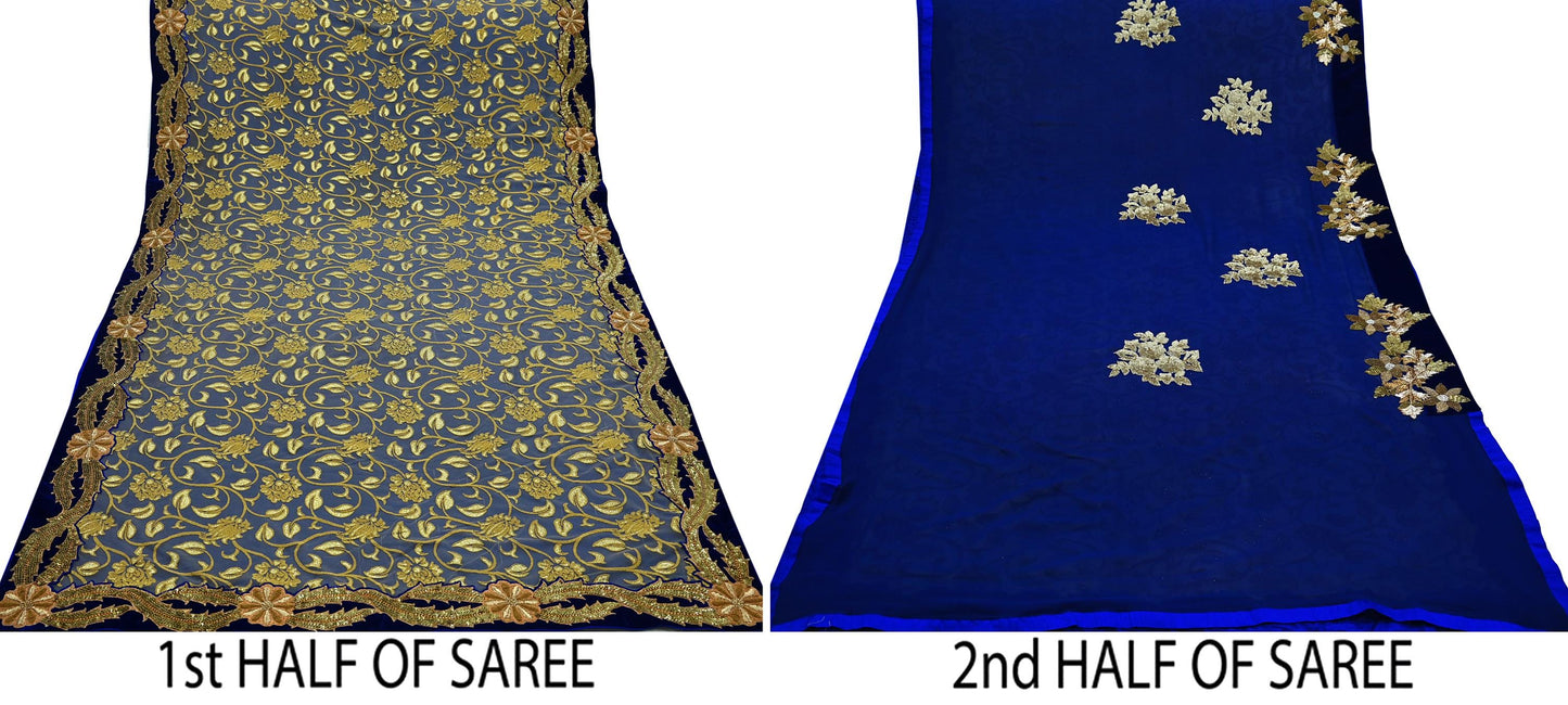 Indian Pre-owned Saree Blue Pure Georgette Silk & Net Hand Embroidered Sabyasachi Designer Sari 6Yd Soft Ethnic Bollywood Party saree