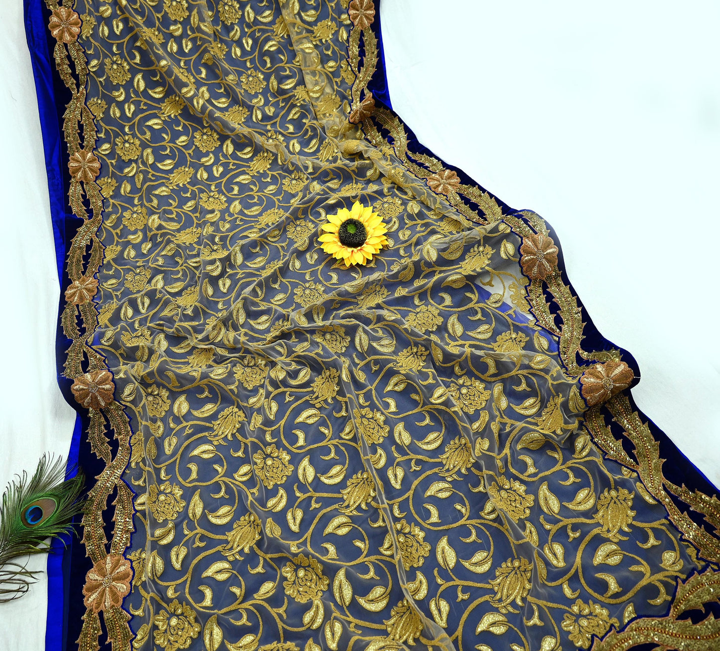 Indian Pre-owned Saree Blue Pure Georgette Silk & Net Hand Embroidered Sabyasachi Designer Sari 6Yd Soft Ethnic Bollywood Party saree