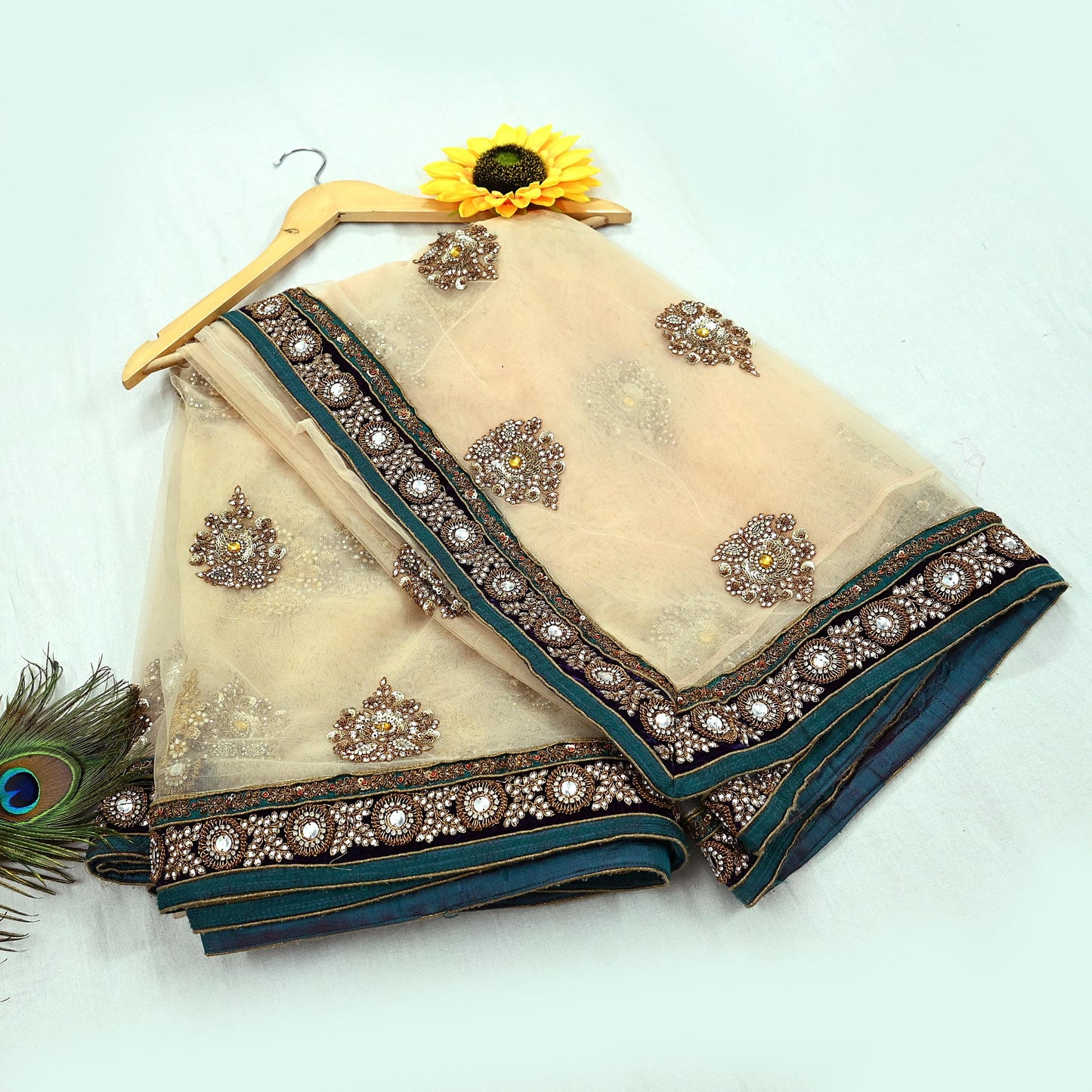 Indian Pre-owned Saree Pale Peach Mesh/Net Hand Embroidered Sabyasachi Designer Sari 6Yd Soft Ethnic Bollywood Party saree