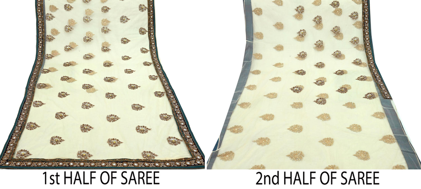 Indian Pre-owned Saree Pale Peach Mesh/Net Hand Embroidered Sabyasachi Designer Sari 6Yd Soft Ethnic Bollywood Party saree