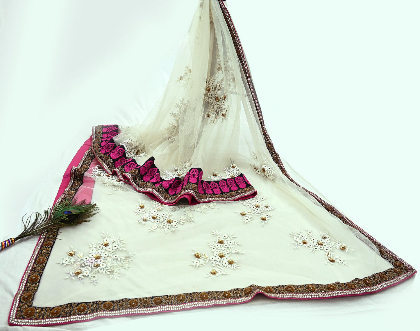Indian Pre-owned Saree White Mesh/Net Hand Embroidered Sabyasachi Designer Sari 5Yd Soft Ethnic Bollywood Party saree