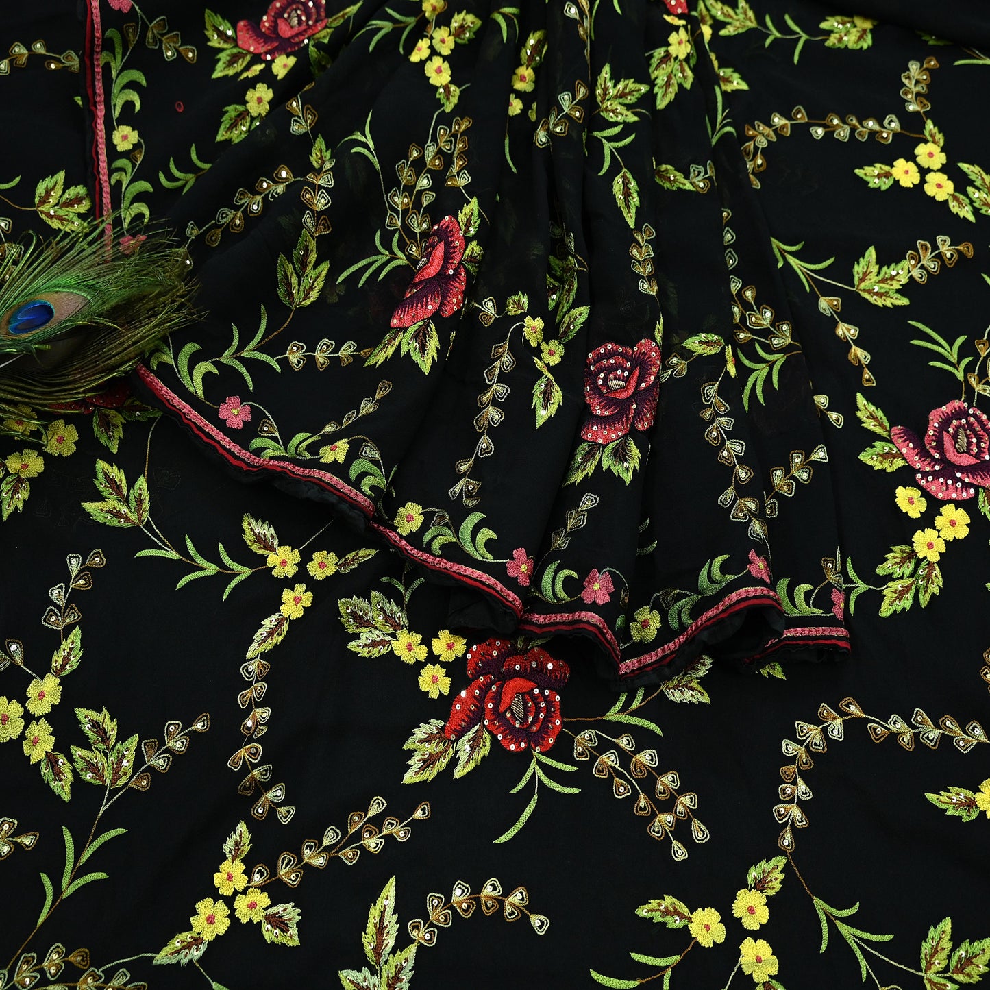 Indian Pre-owned Heavy Sari Black Pure Georgette Silk Hand Embroidered Sarees Designer Abu Jani 6Yd Sewing Ethnic Bollywood Designer Sarees