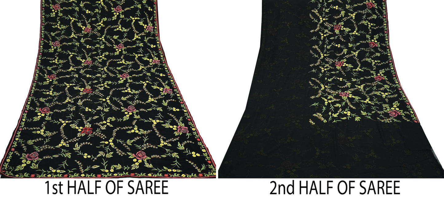 Indian Pre-owned Heavy Sari Black Pure Georgette Silk Hand Embroidered Sarees Designer Abu Jani 6Yd Sewing Ethnic Bollywood Designer Sarees