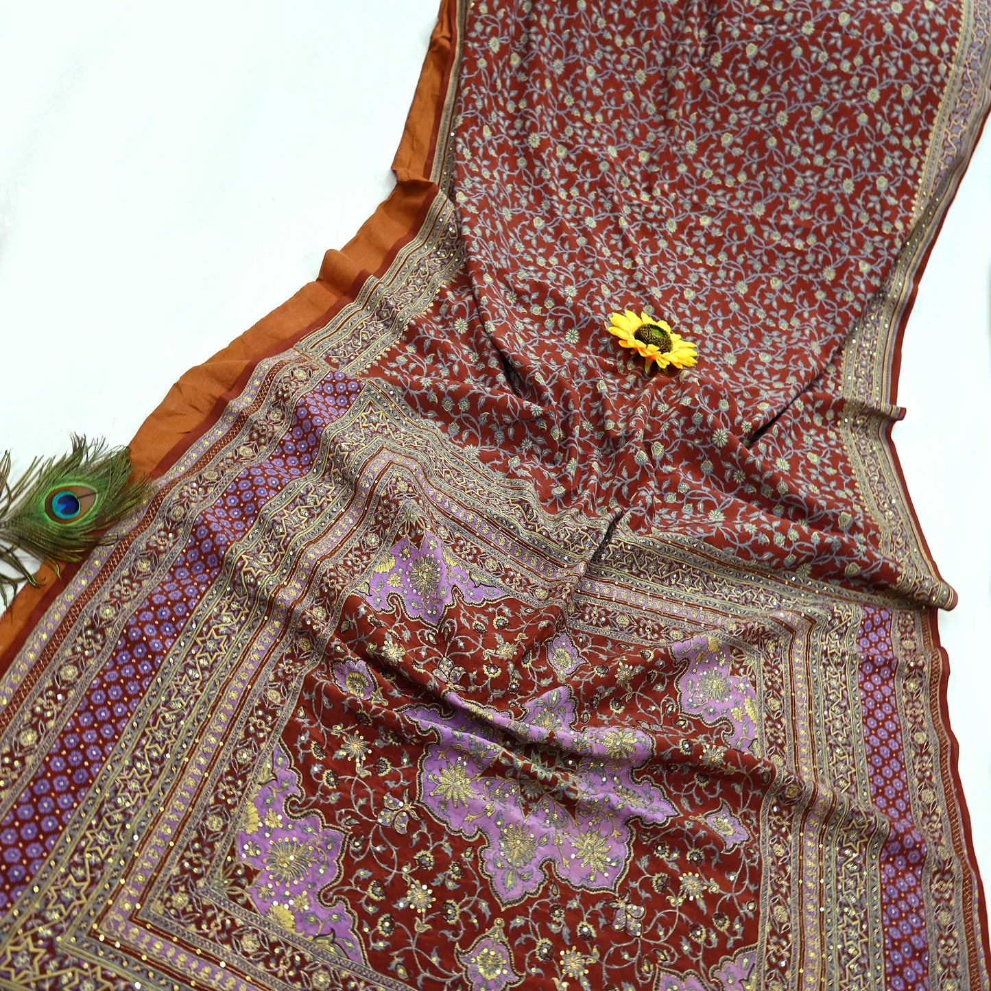 Indian Pre-Owned Sari Brown Pure Crepe Silk Pre-owned Hand Embroidered Ritu Kumar Designer Sarees Fabric 5Yd Ethnic Bollywood Party sari