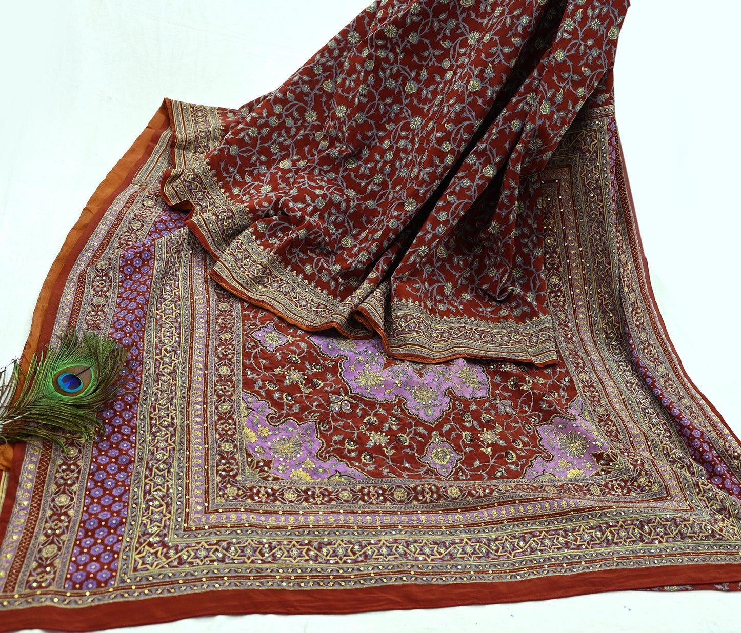 Indian Pre-Owned Sari Brown Pure Crepe Silk Pre-owned Hand Embroidered Ritu Kumar Designer Sarees Fabric 5Yd Ethnic Bollywood Party sari