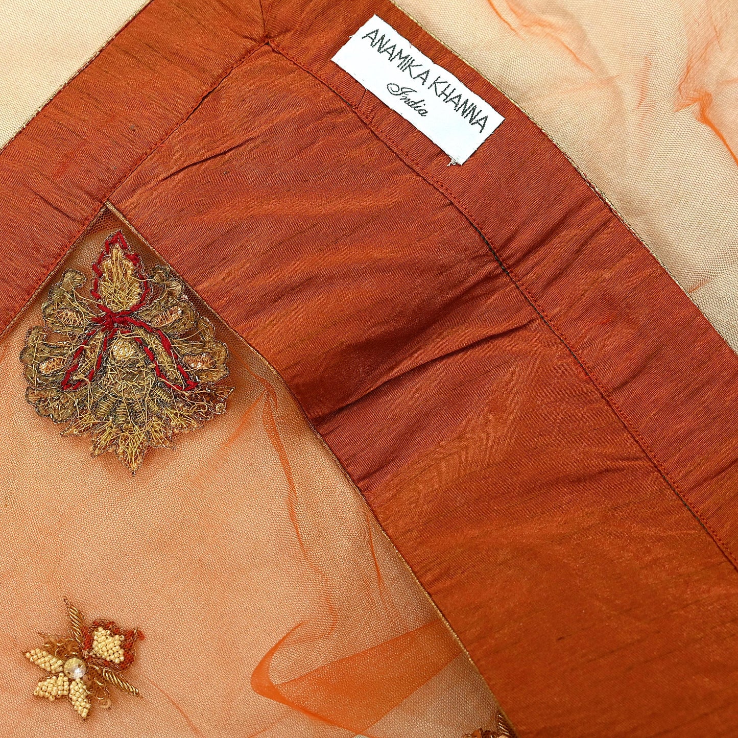 Indian Vintage Heavy Wedding Orange Net/Mesh/ Velvet Hand Embroidered Dupatta Designer By Anamika Khanna Bridal Wear Zardozi Veil Hijab