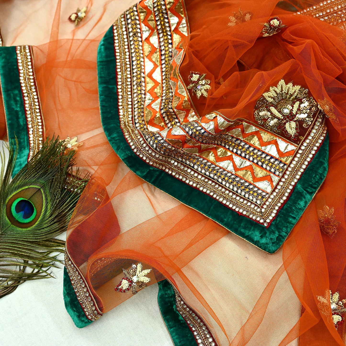 Indian Vintage Heavy Wedding Orange Net/Mesh/ Velvet Hand Embroidered Dupatta Designer By Anamika Khanna Bridal Wear Zardozi Veil Hijab