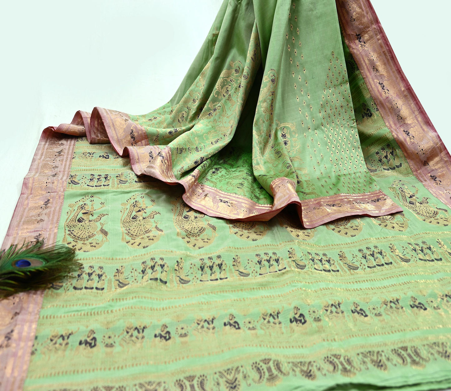 Antique look Indian Vintage Green Woven Baluchari Sari Sarees 100% Pure Silk Sari Craft Fabric Metallic Zari 5Yd Dress making For Crafting