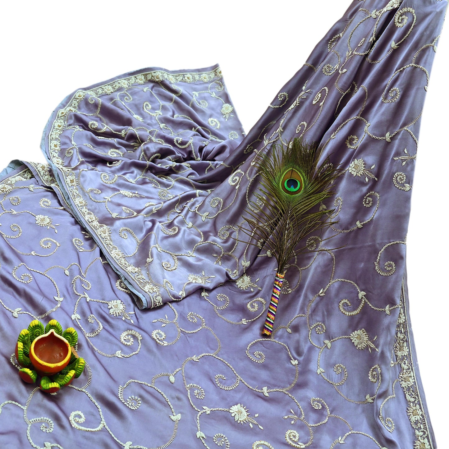 Indian Vintage Heavy Saree Purple 100% Pure Satin Silk Hand Embroidered Sari Fabric 6Yd Sewing Soft Zardozi/Dabka Dress Making Quilting