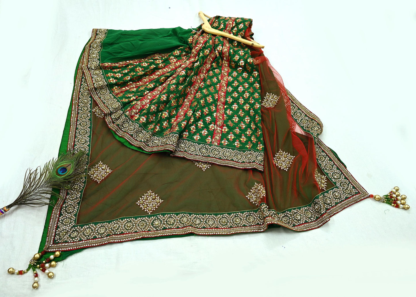 Indian Pre-Owned Sari Red & Green Net/Mesh Hand Embroidered Designer Manish Malhotra Lehenga Sarees Ethnic Zardozi/Dabka Zari Wedding Sarees