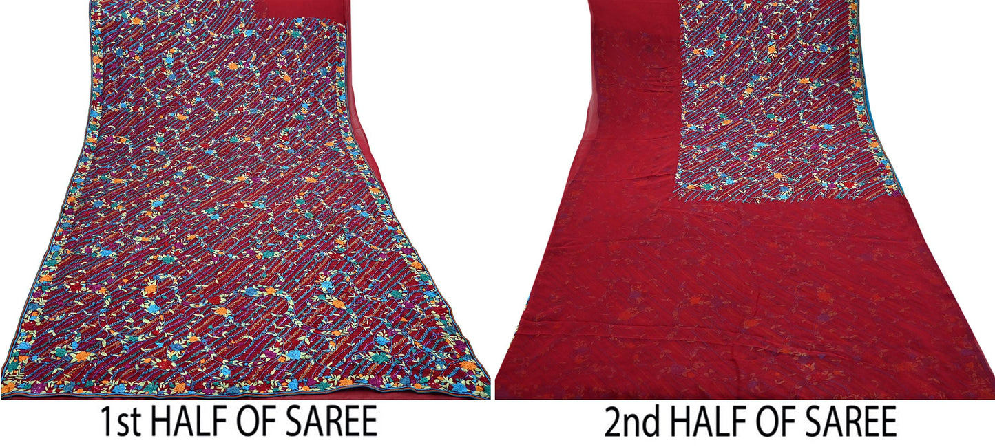 Indian Vintage Heavy Sari Red Pure Georgette Silk Hand Embroidered Parsi Gara Sarees Craft Fabric 5Yd Sewing Dress making Wedding Crafting