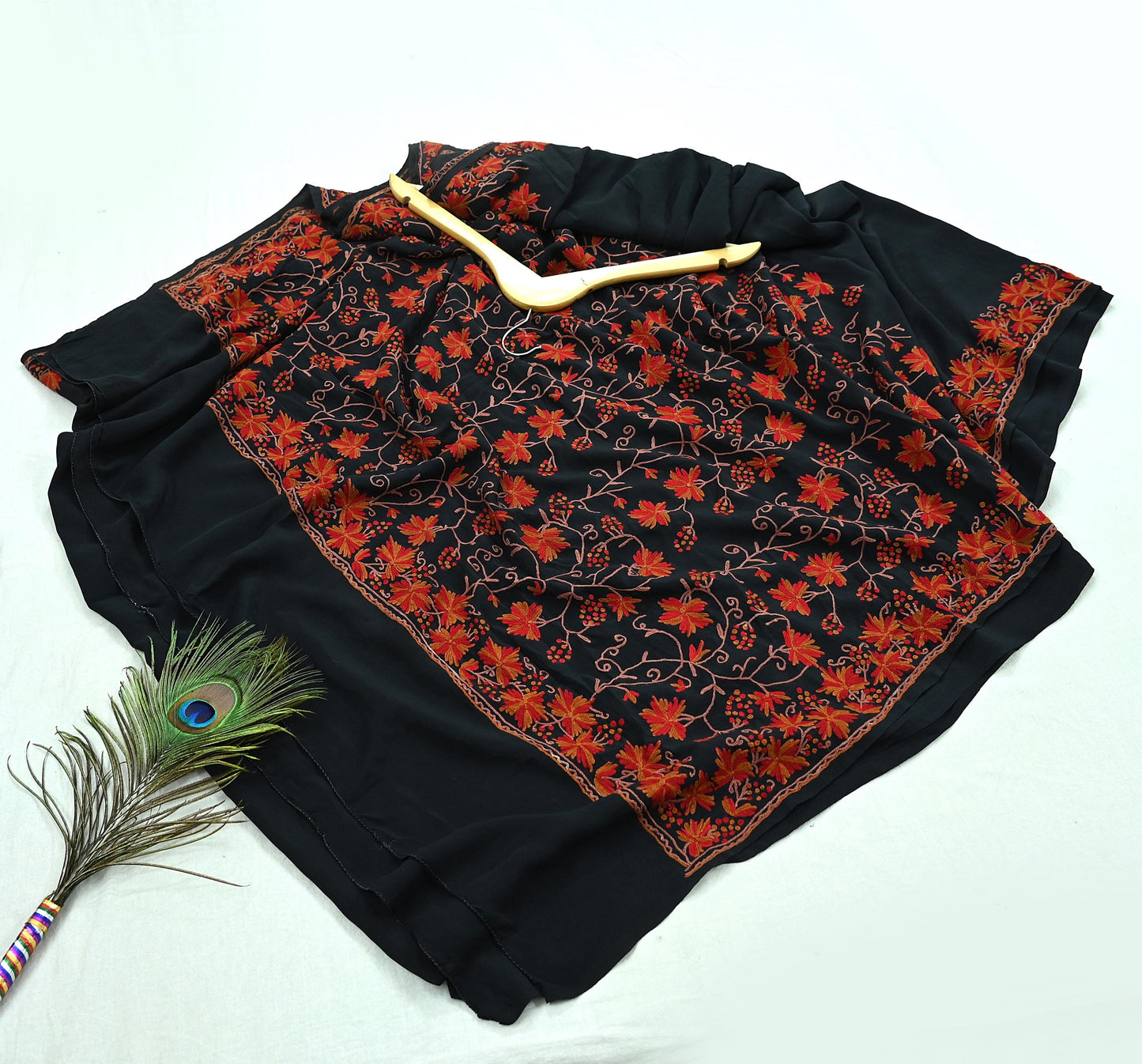 Indian Antique Vintage Heavy Sari Black Pure Crepe Silk Kashmiri Ari Hand Embroidered Sarees 5Yd Sewing Ethnic Dress making Crafting