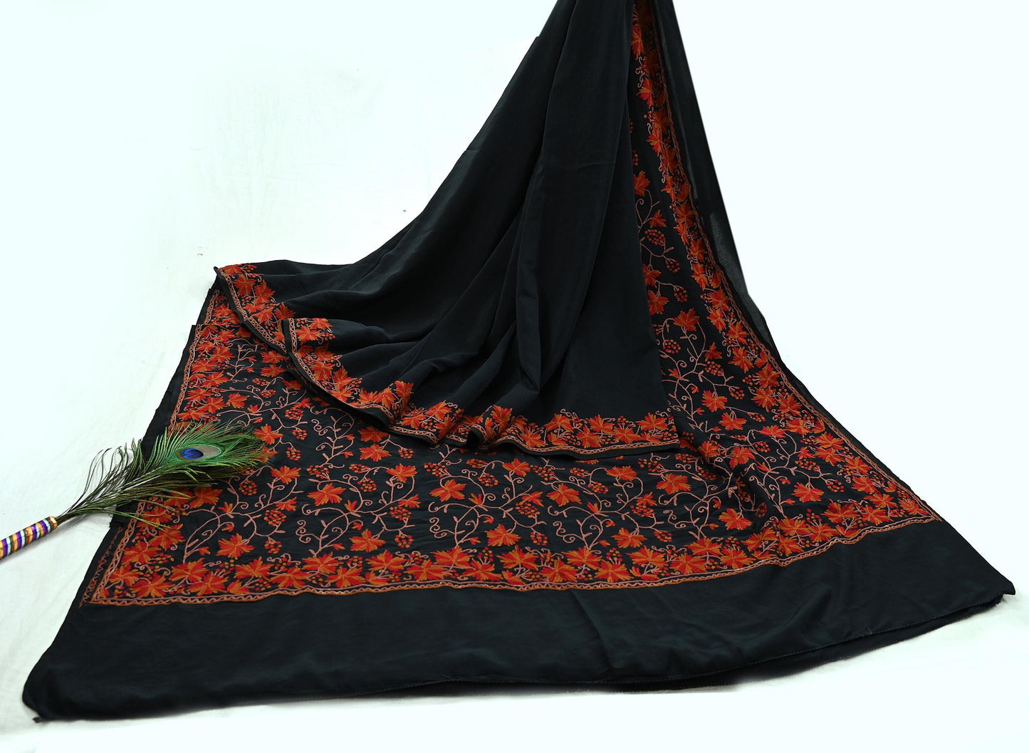 Indian Antique Vintage Heavy Sari Black Pure Crepe Silk Kashmiri Ari Hand Embroidered Sarees 5Yd Sewing Ethnic Dress making Crafting