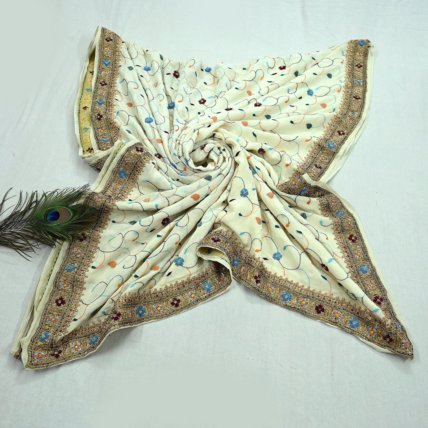 Indian Vintage Heavy Sari Off-White Pure Crepe Silk Hand Embroidered Parsi Sarees Craft Fabric 5Yd Sewing Dress making Blouse Fabric