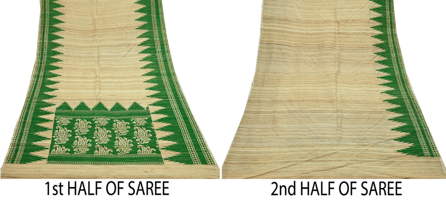 Indian Vintage Beige Saree Pure Khadi Silk Handloom Embroidered Sari Craft Fabric 5yd Ethnic Wear Border Dress making Upcycle Fringes