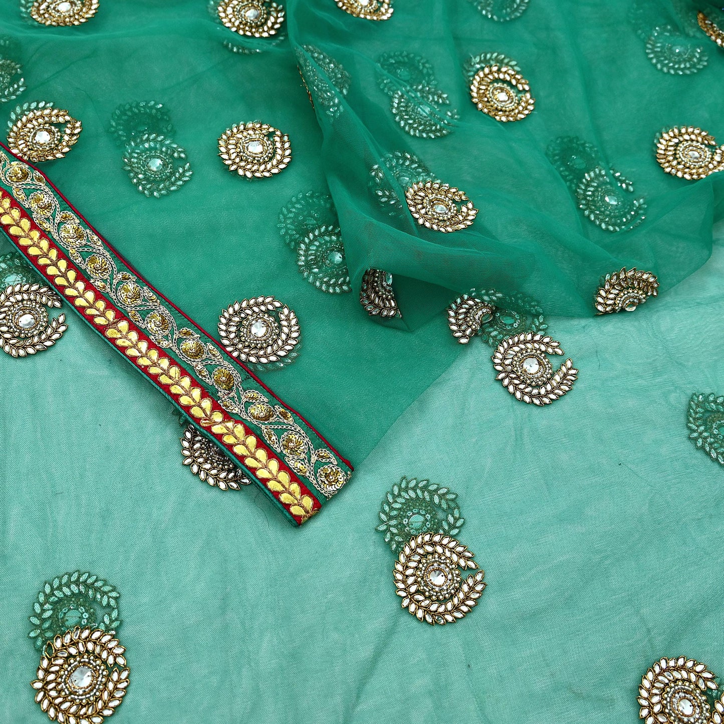 Indian Vintage Heavy Wedding Green Net/Mesh Hand Embroidered Dupatta Designer By Anamika Khanna Bridal Wear Zardozi Veil Hijab