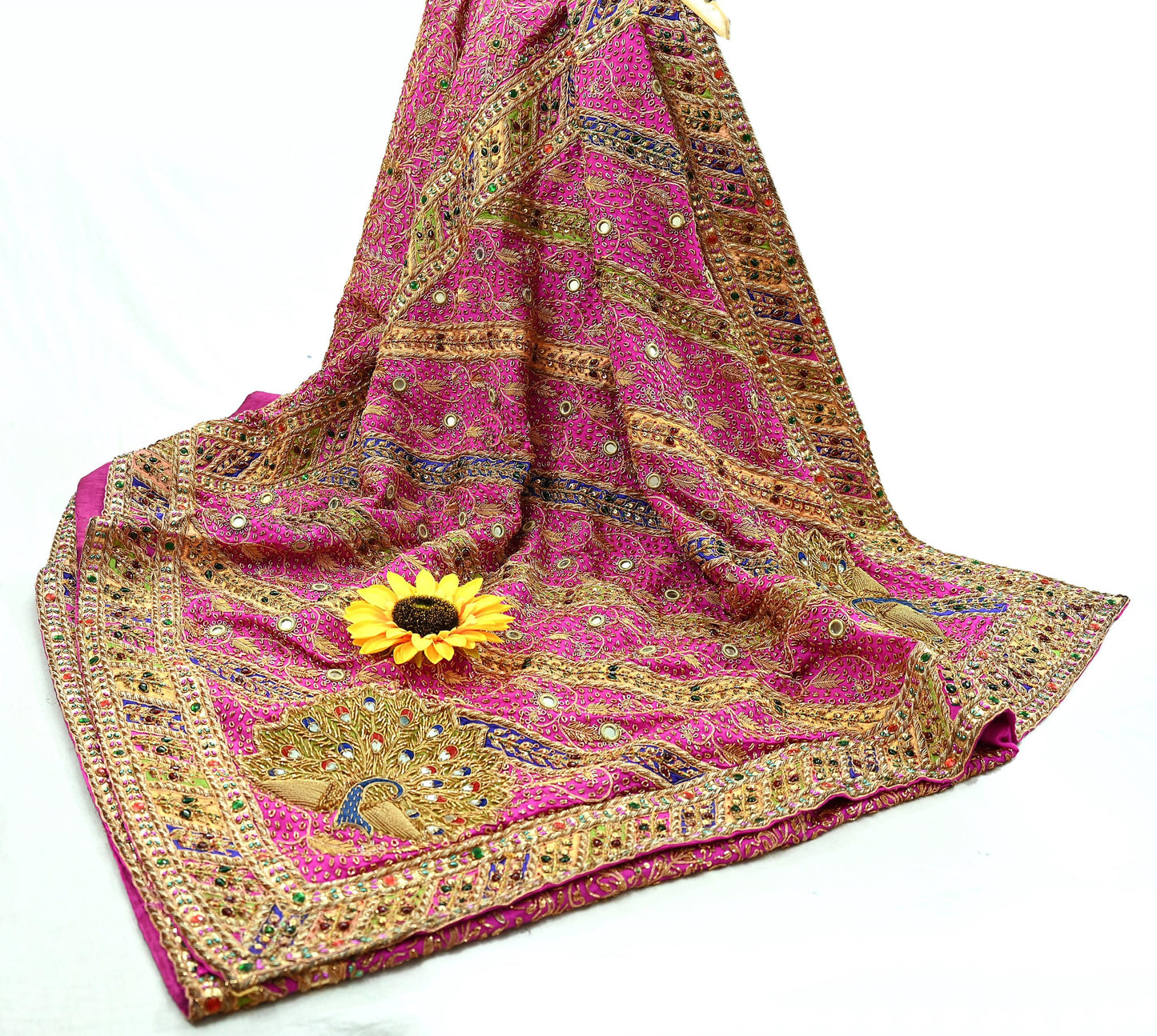 Indian Antique Vintage Heavy Pink Saree Pure Crepe Silk Hand Embroidered Sari Craft Fabric 5Yd Sewing Soft Zardozi/Dabka Sequins