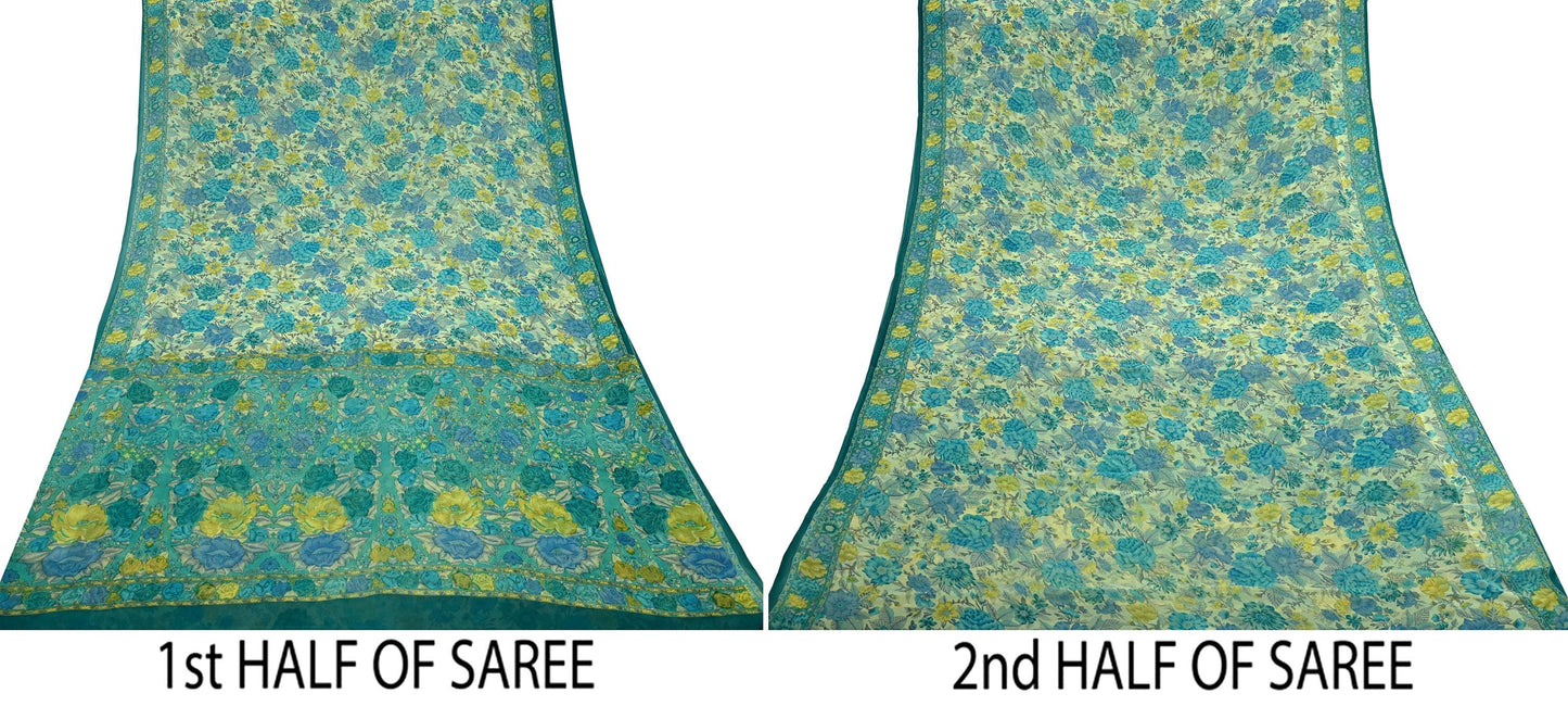 Women Vintage Sari Ivory & Green 100% Pure Georgette Silk Block Printed Saree Craft Fabric Sewing 5Yd Soft Dress Making Quilting Upcycle