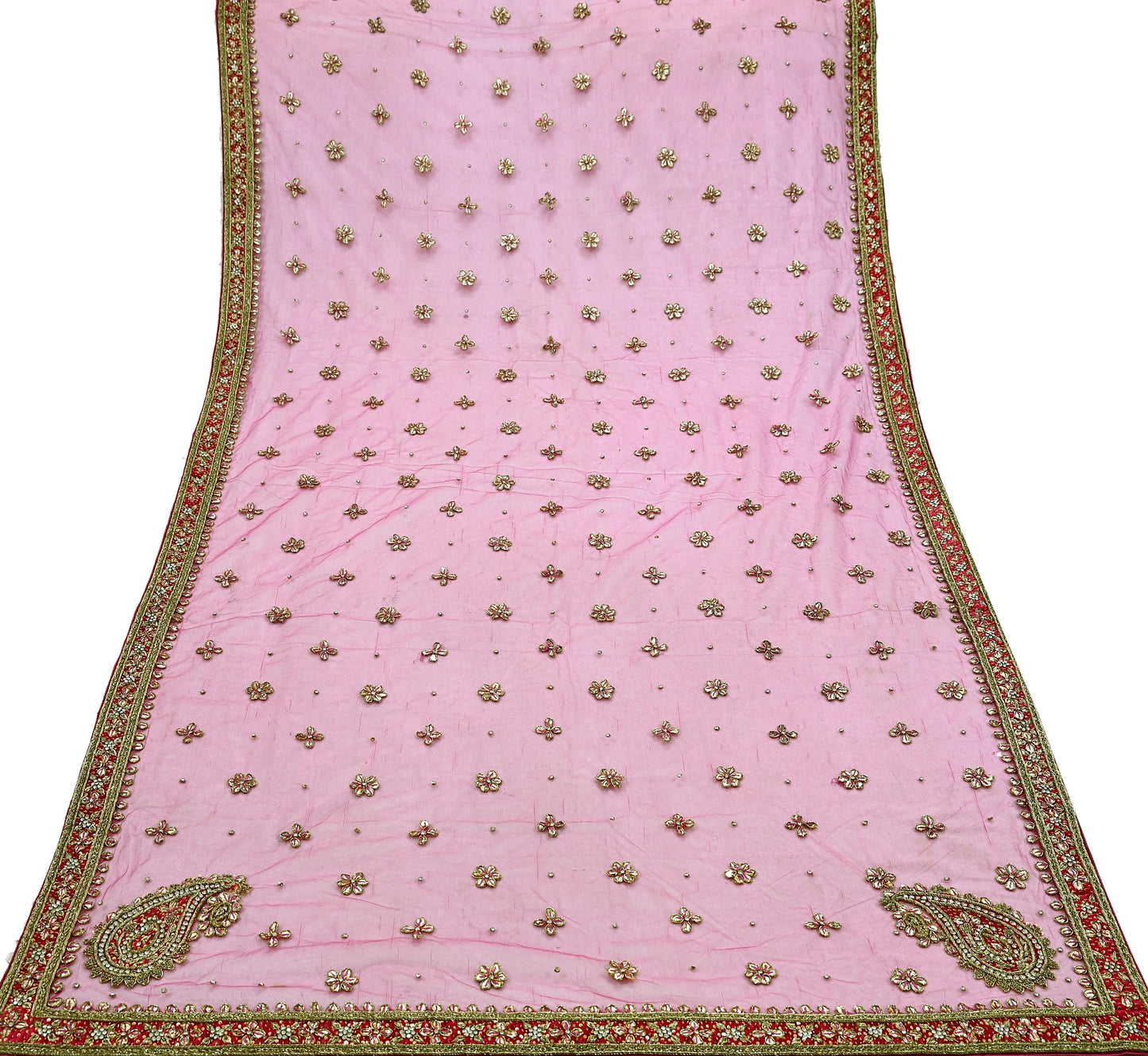 FREE SHIPPING Indian Vintage Heavy Pink Dupatta Net Mesh Long Stole Hand Embroidered Scarf Golden Zardozi Zari Glass Beaded Stole