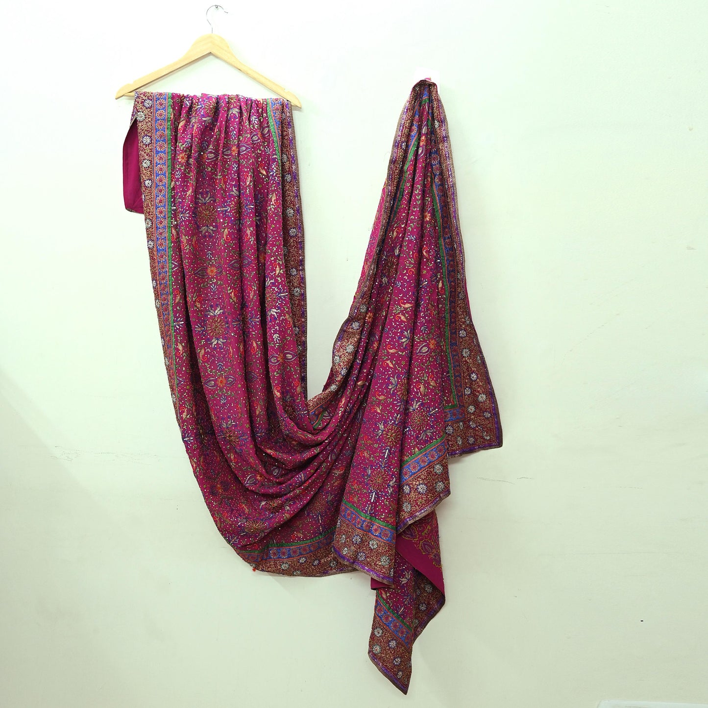 Indian Vintage Heavy Rani Pink Dupatta Pure Georgette Silk Long Stole Hand Embroidered Designer By Ritu Kumar Scarves Scarf Zari Zardozi