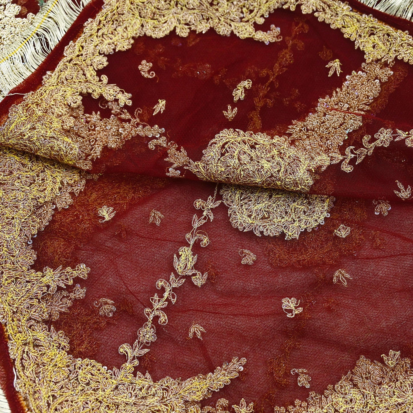 Indian Vintage Heavy Wedding Maroon Dupatta Net Mesh Long Stole Hand Embroidered Scarves Golden Zardozi Zari Sequins Dridal Veil Hijab