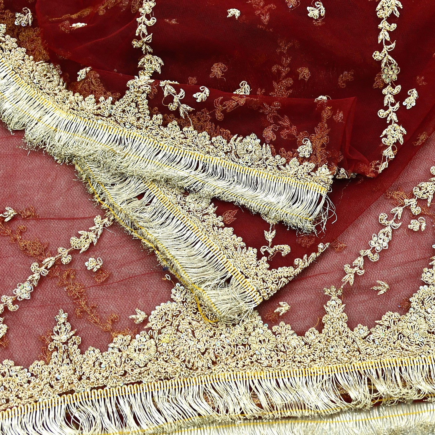 Indian Vintage Heavy Wedding Maroon Dupatta Net Mesh Long Stole Hand Embroidered Scarves Golden Zardozi Zari Sequins Dridal Veil Hijab