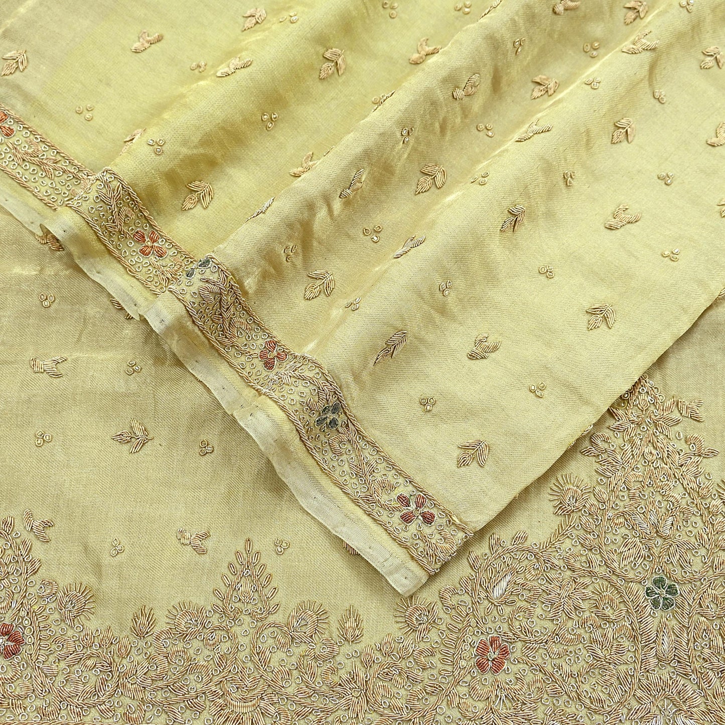 Indian Vintage Heavy Golden Dupatta Pure Tissue Silk Long Stole Hand Embroidered Scarves Zari Zardozi/Dabka