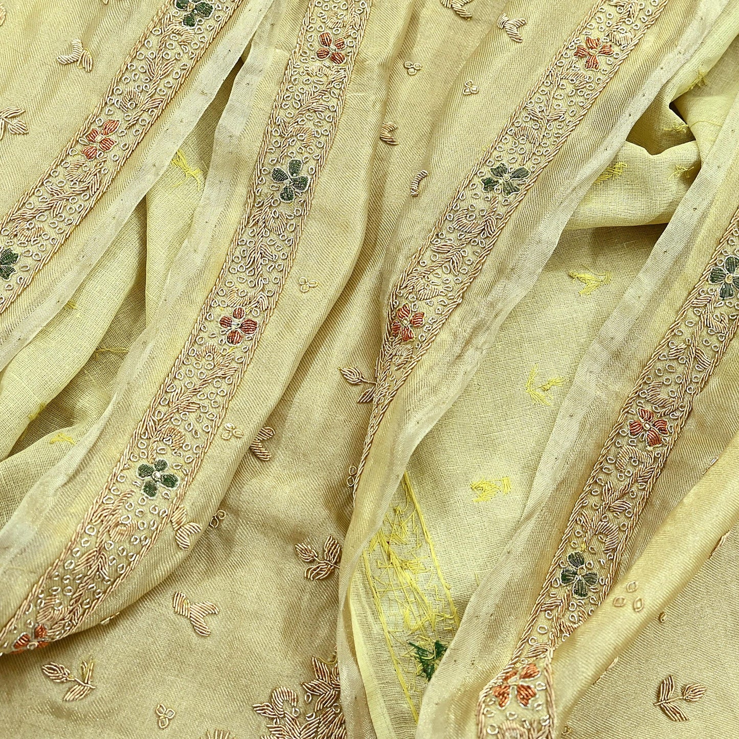 Indian Vintage Heavy Golden Dupatta Pure Tissue Silk Long Stole Hand Embroidered Scarves Zari Zardozi/Dabka