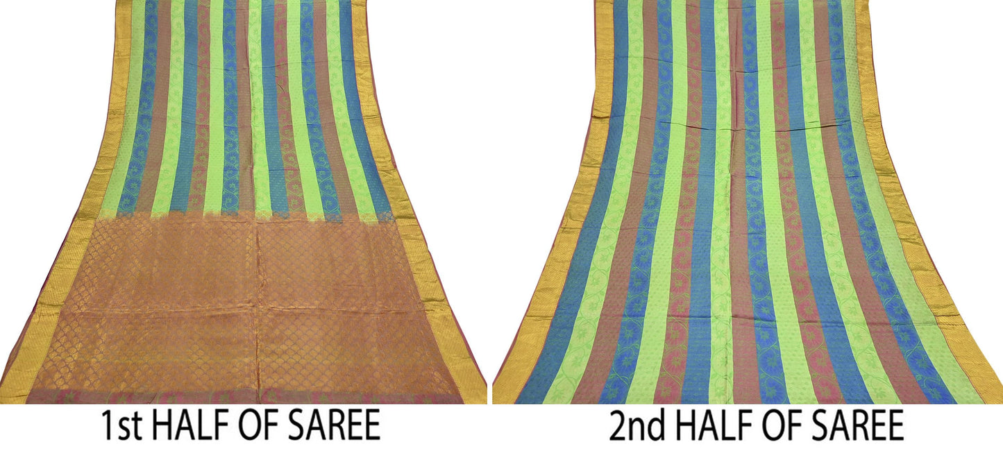 Indian Vintage Heavy Sari Purple & Green Kanjivaram Saree 100% Pure Silk Zari 5Yd Crafting Dress making For Crafting Quilting Upcycle