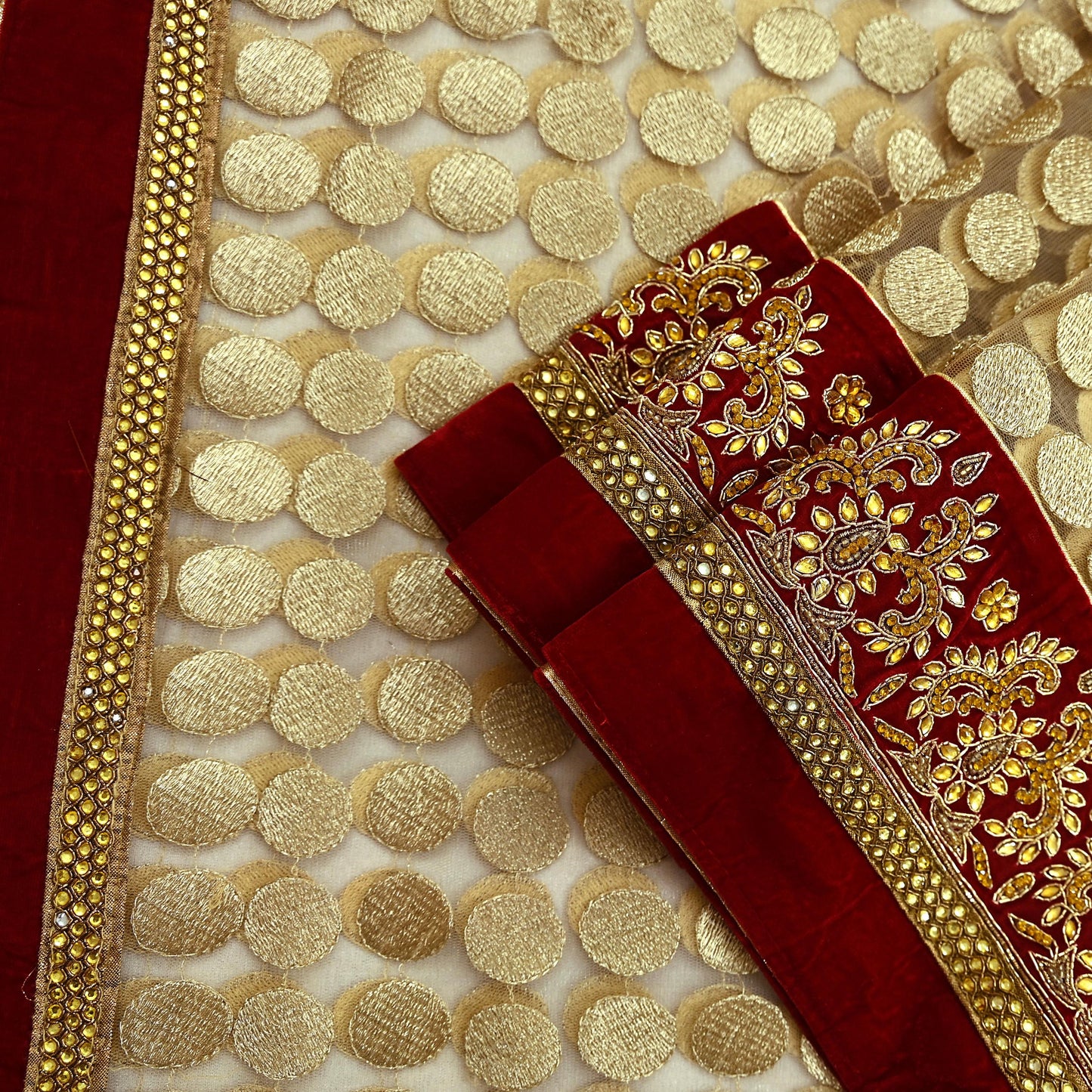 Indian Vintage Heavy Golden Dupatta Net Mesh Long Stole Hand Embroidered Scarves Golden Zardozi Dabka Bridal Veil Hijab Red Velvet Border
