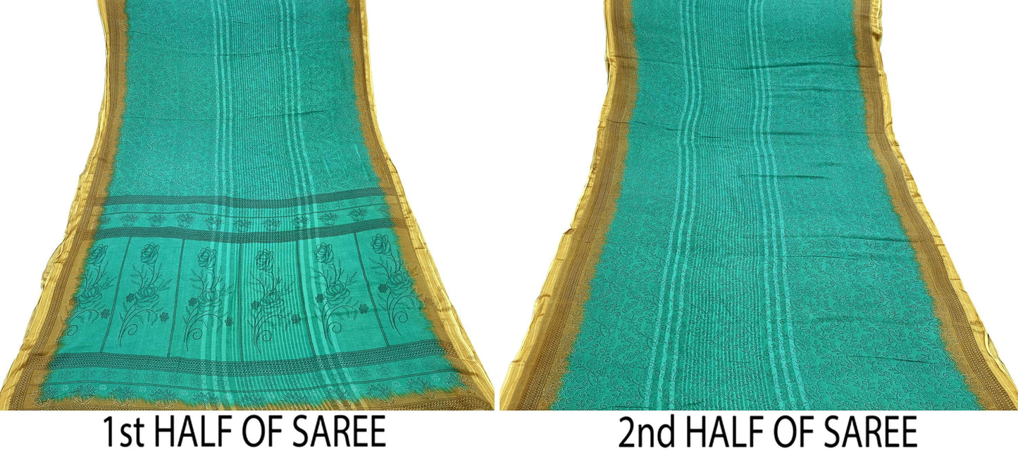 Indian Vintage Sari Green Pure Cotton Printed Sarees Craft Fabric 5Yd Soft Sewing Sarong Wrap Boho Floral Quilting Upcycle Crafting