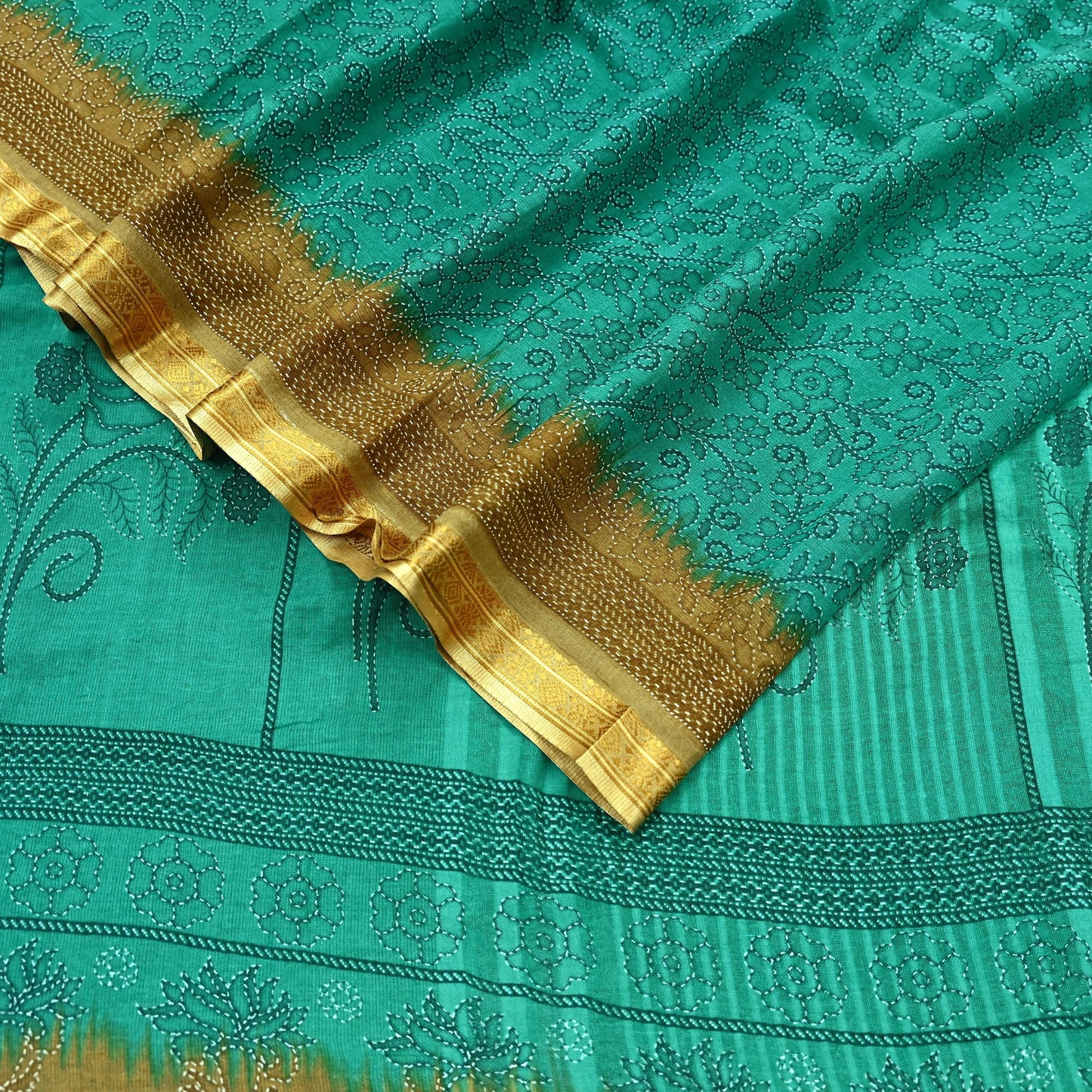 Indian Vintage Sari Green Pure Cotton Printed Sarees Craft Fabric 5Yd Soft Sewing Sarong Wrap Boho Floral Quilting Upcycle Crafting