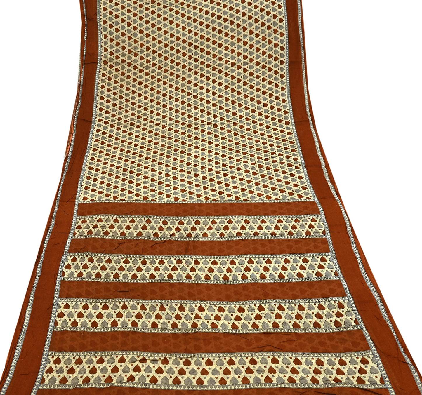 Indian Vintage Beige Saree Printed 100% Pure Cotton Sari Craft Fabric 5Yd Soft Sewing Sarong Wrap Dress Making Quilting Crafting