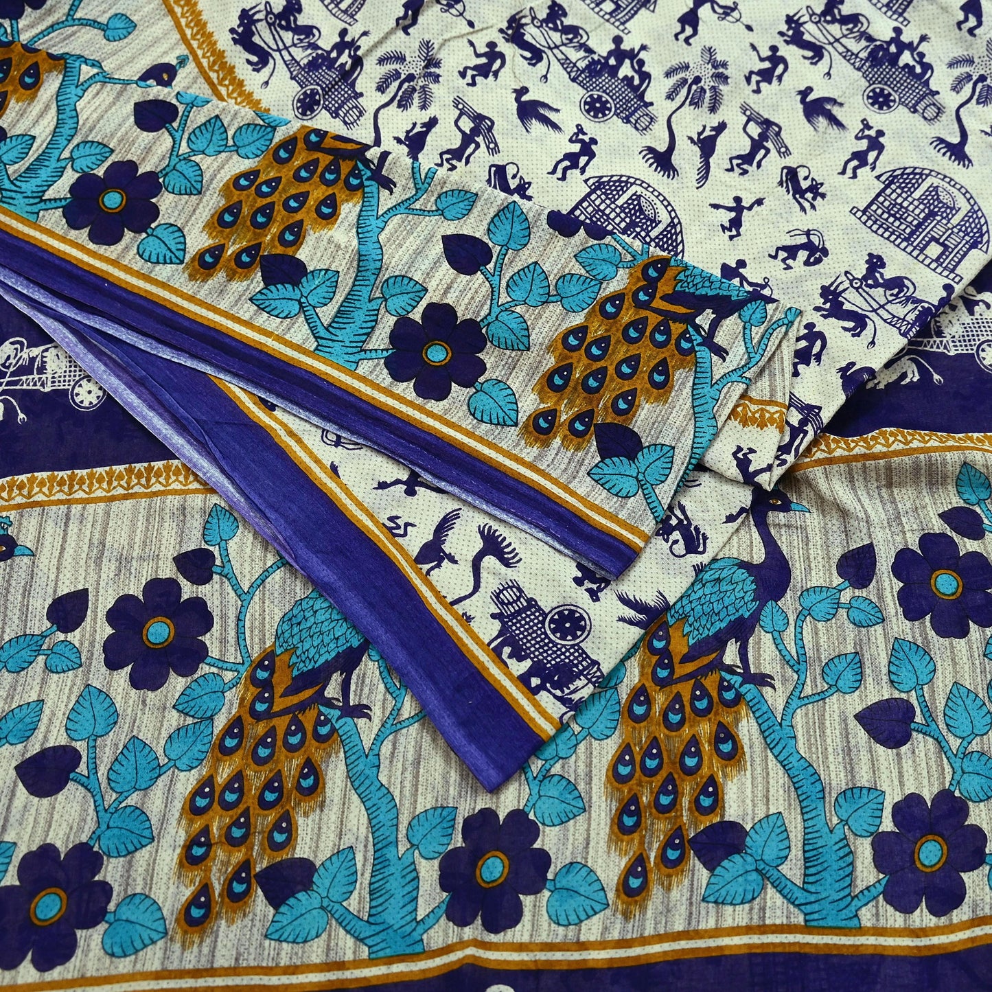 Indian Vintage Blue & Cream Saree Printed 100% Pure Cotton Sari Craft Fabric Soft 5Yd Sewing Sarong Wrap Boho Peacock