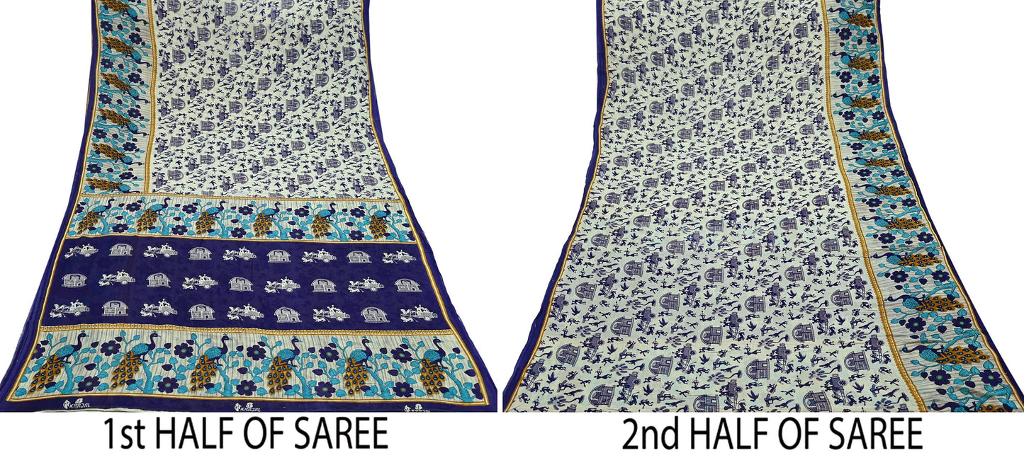 Indian Vintage Blue & Cream Saree Printed 100% Pure Cotton Sari Craft Fabric Soft 5Yd Sewing Sarong Wrap Boho Peacock