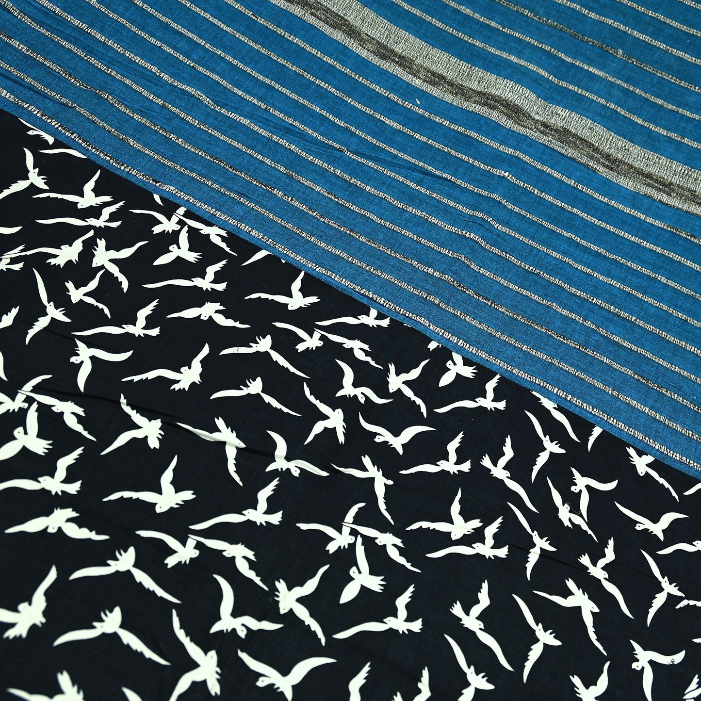 Indian Vintage Blue & Black Saree Hand Block Printed 100% Pure Cotton Sari Soft Craft Fabric 5Yd Dress making Crafting Upcycle Quilting