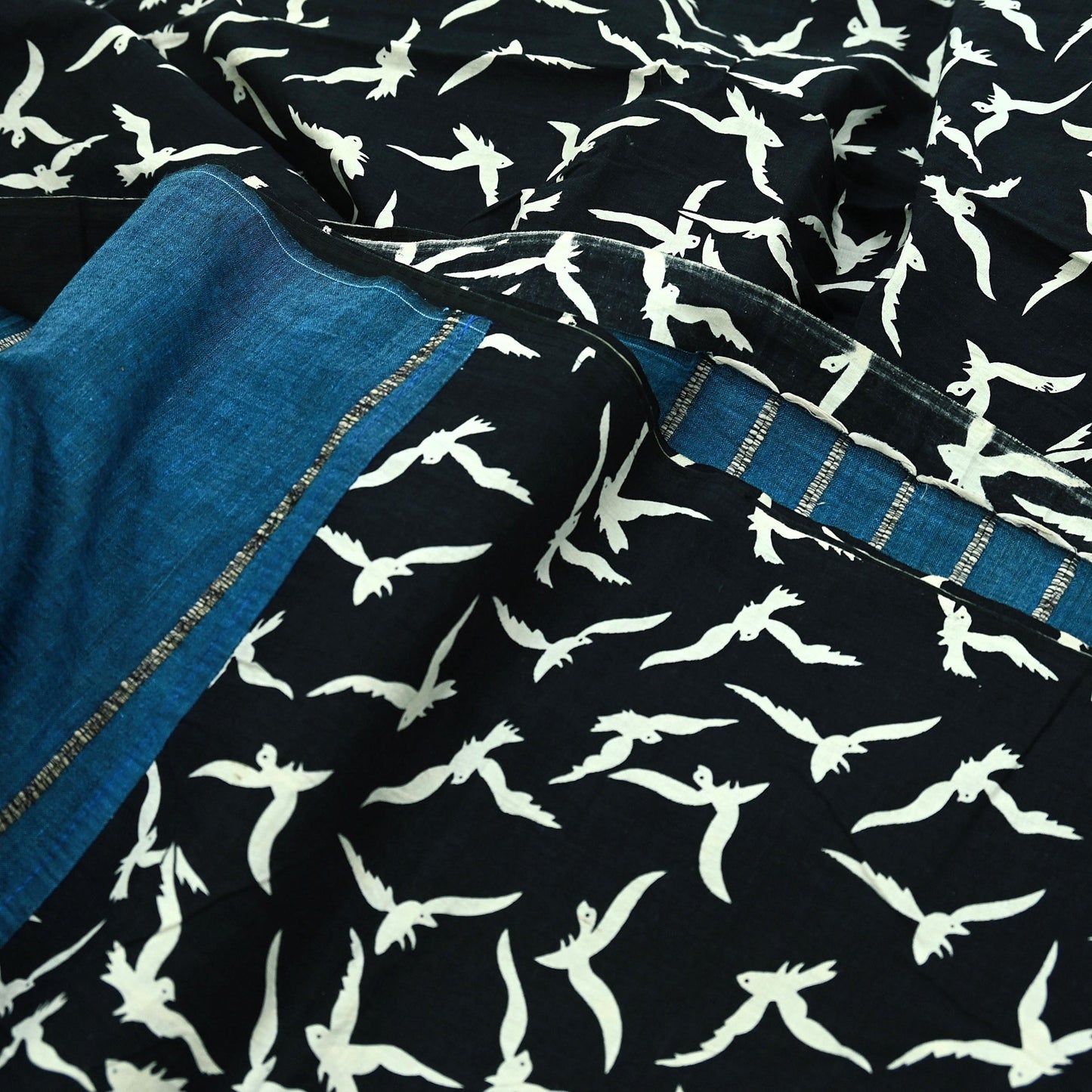 Indian Vintage Blue & Black Saree Hand Block Printed 100% Pure Cotton Sari Soft Craft Fabric 5Yd Dress making Crafting Upcycle Quilting