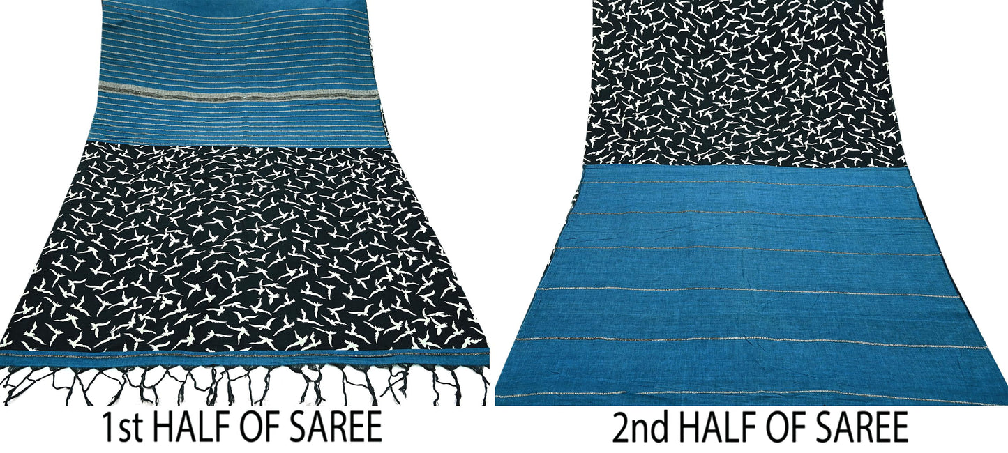 Indian Vintage Blue & Black Saree Hand Block Printed 100% Pure Cotton Sari Soft Craft Fabric 5Yd Dress making Crafting Upcycle Quilting