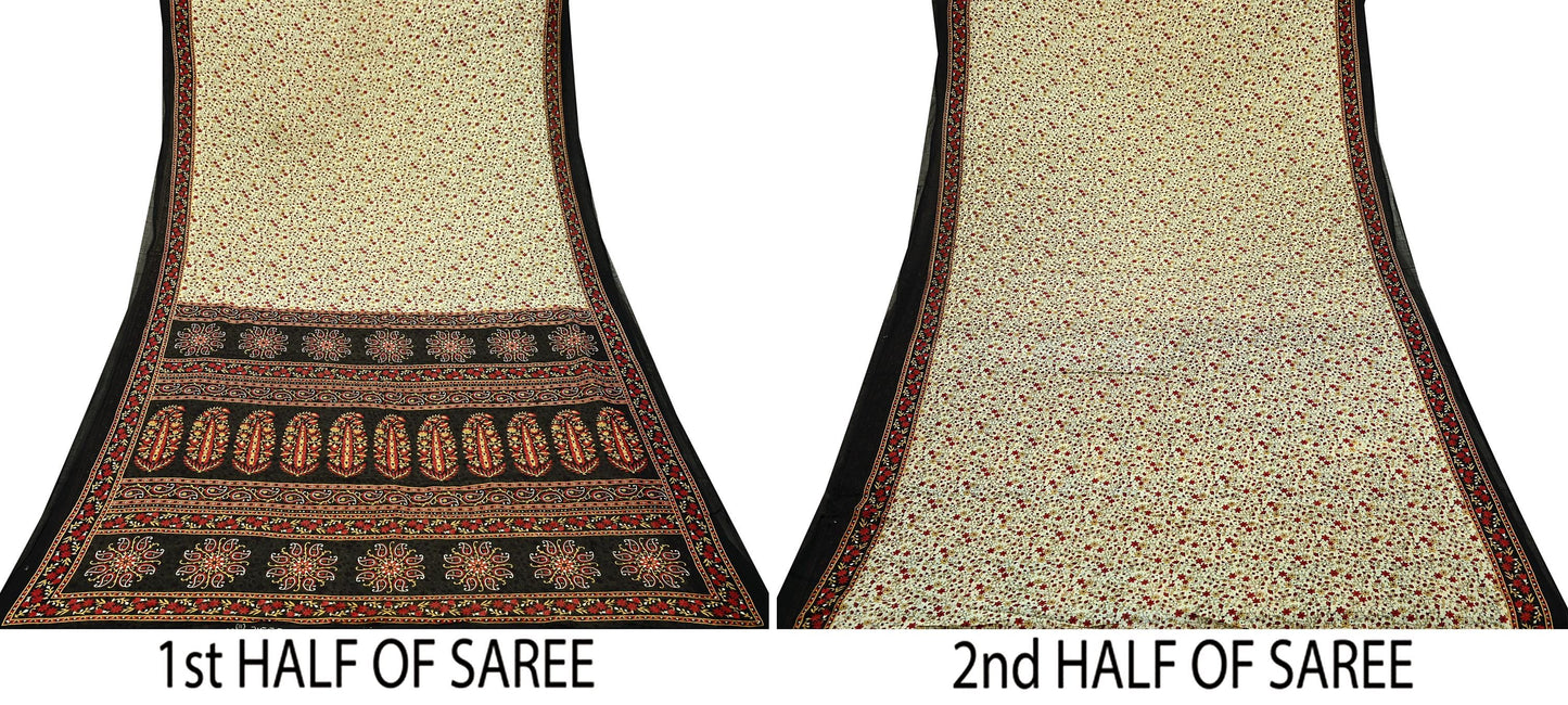 Indian Vintage Sari Beige & Black Printed Pure Cotton Sarees Fabric Floral 5Yd Sarong Wrap Boho Fabric Kimono Soft Dress making Crafting