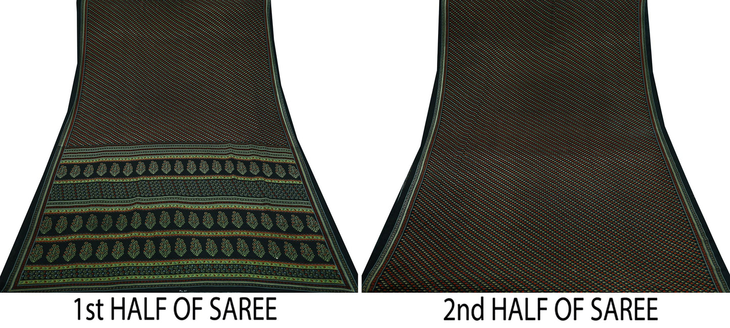 Indian Vintage Saree Black Moss Crepe Printed Sari 5yd Sewing Floral Soft Craft Fabric Dressmaking Quilting For Crafting Upcycle