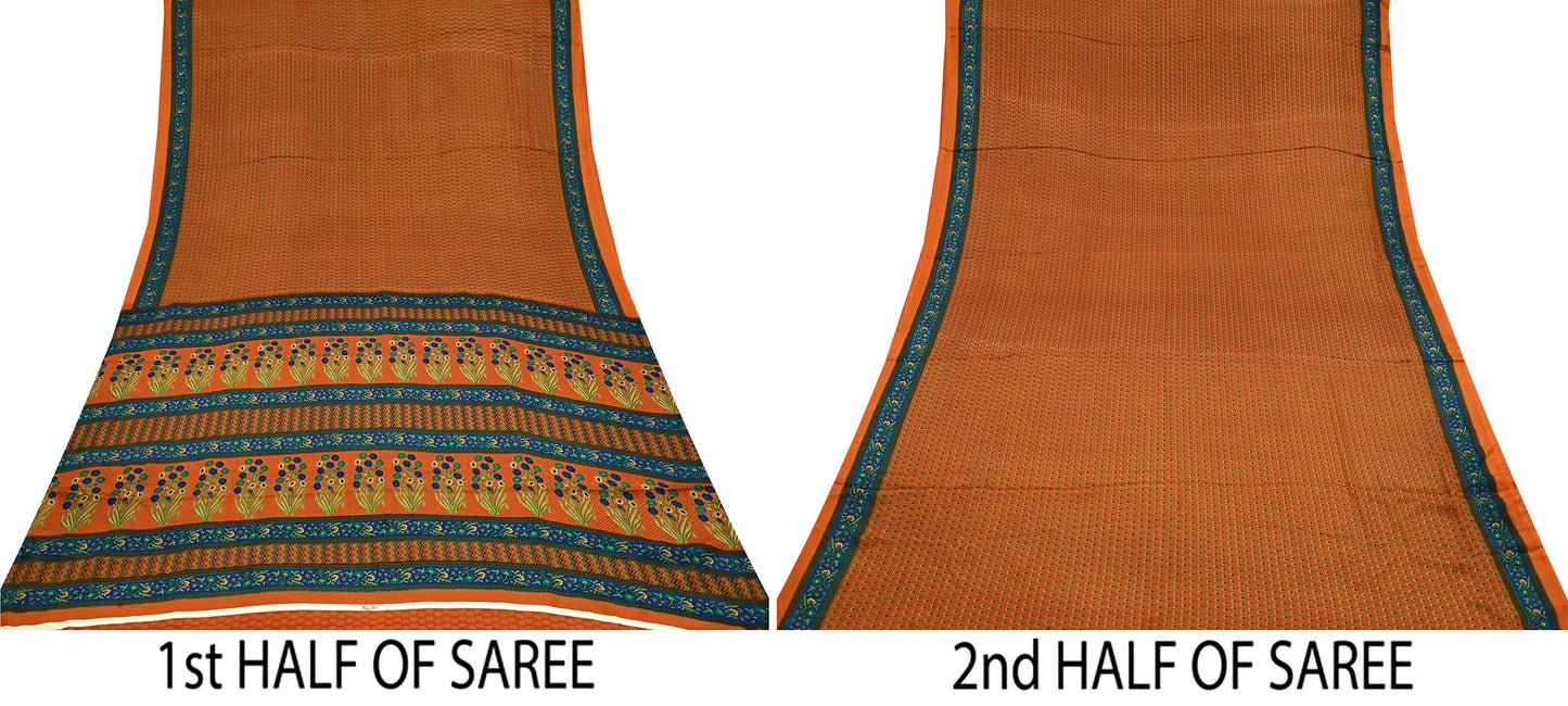 Indian Vintage Saree Orange Moss Crepe Printed Sari 5yd Sewing Floral Soft Craft Fabric Dressmaking Quilting Crafting Upcycle