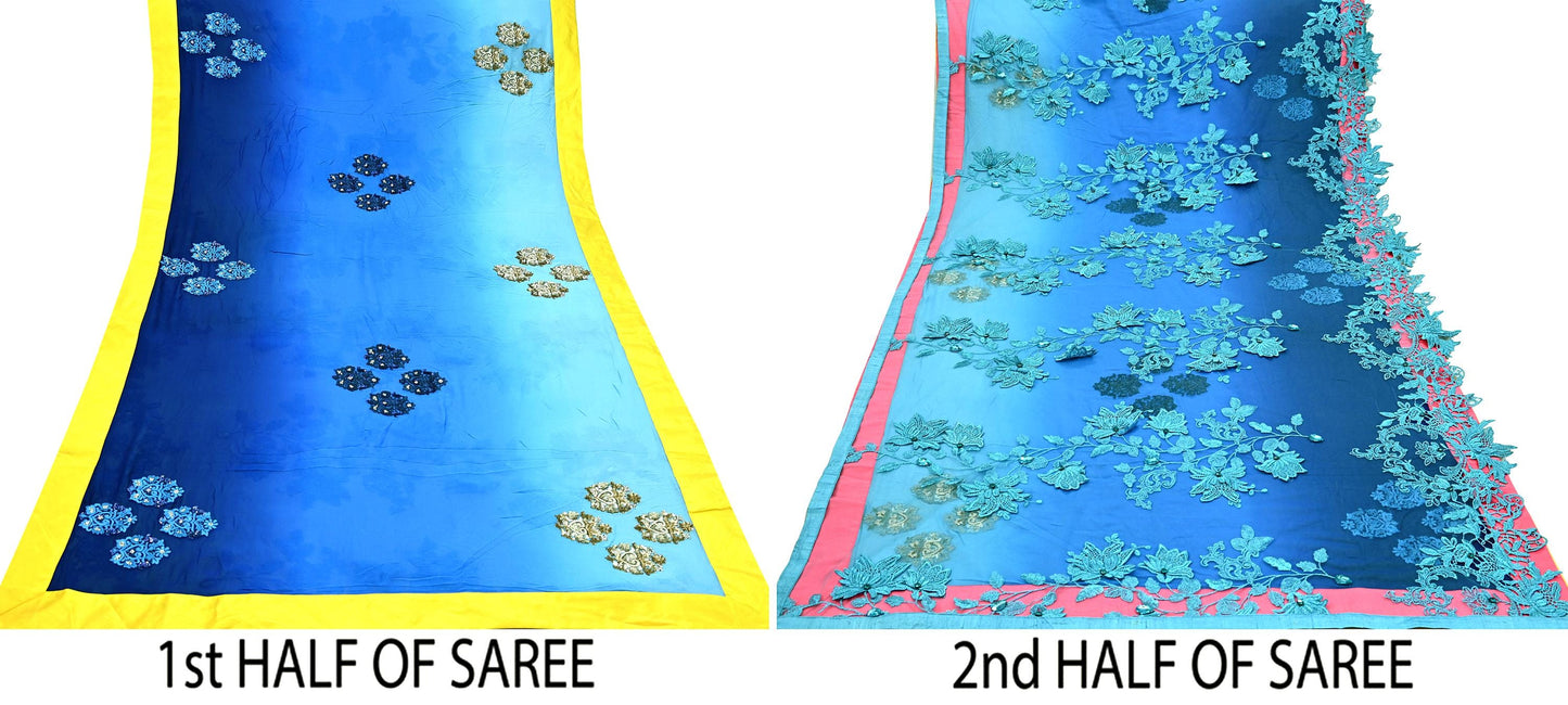 Indian Vintage Sari Blue Pure Georgette Silk/Net Hand Beaded Sarees Fabric 6Yd Sewing Ethnic Dress making Quilting Bollywood