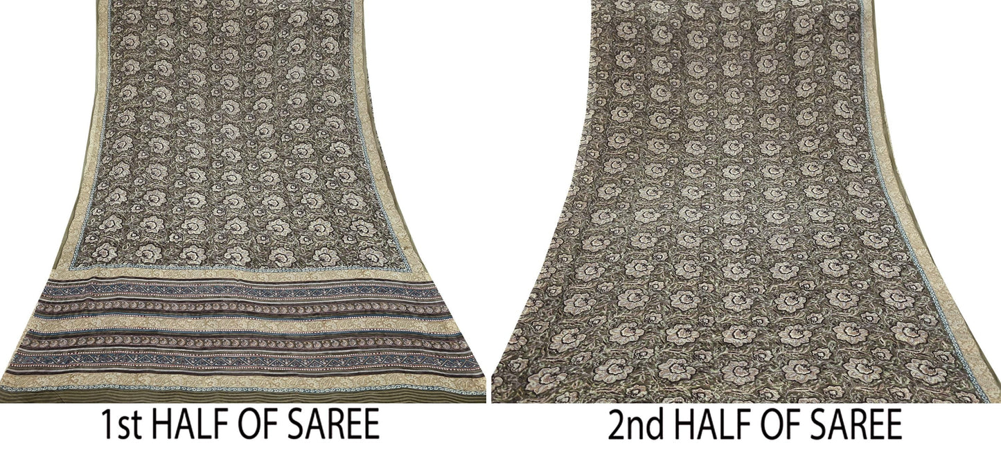 Women Vintage Sari Green & Brown Pure Georgette Silk Block Printed Saree Craft Fabric Sewing 5Yd Soft Light Dress Making Floral
