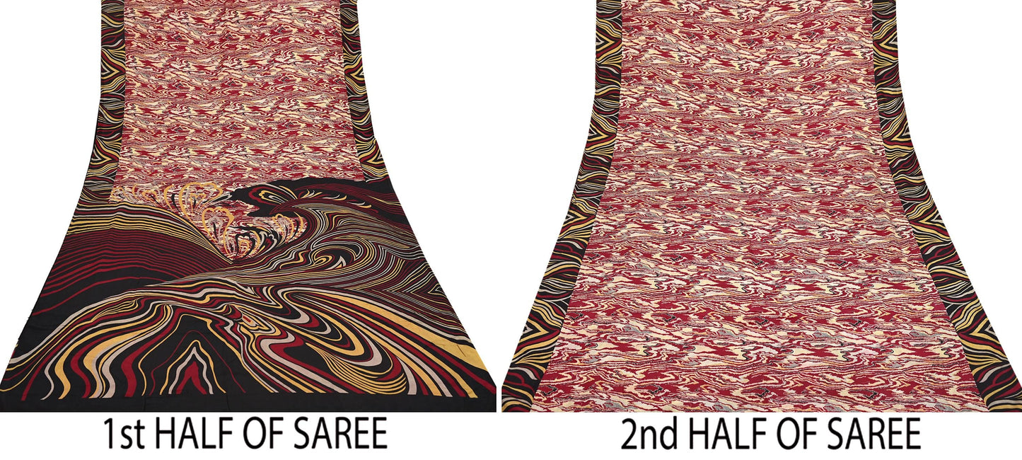 Indian Vintage Sari Black & Red Pure Silk Printed Sarees 5yd Sewing Craft Fabric Dress Making Soft Quilting Crafting Upcycle Used Abstract