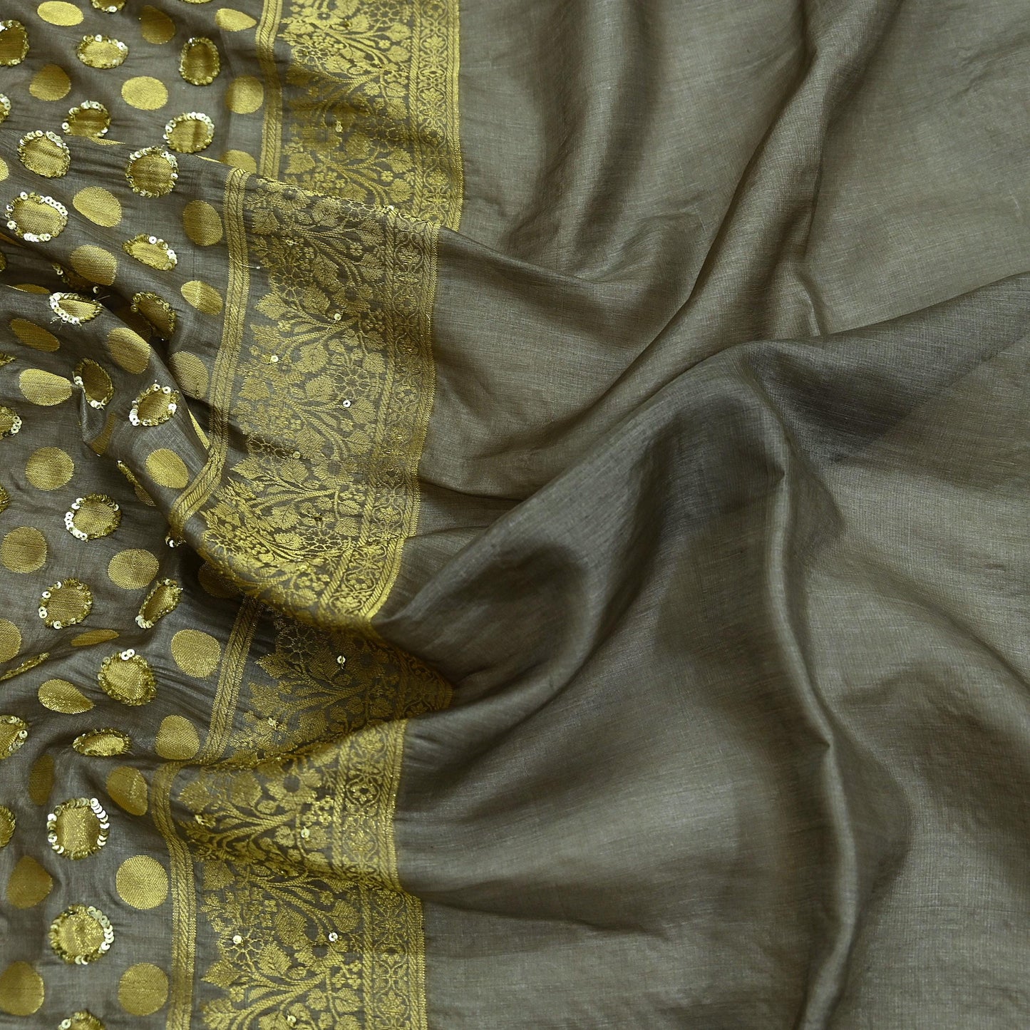 Indian Vintage Gray Dupatta Long Stole Pure Tussar Silk Hand Woven Scarves Veil Scarf Wrap Floral