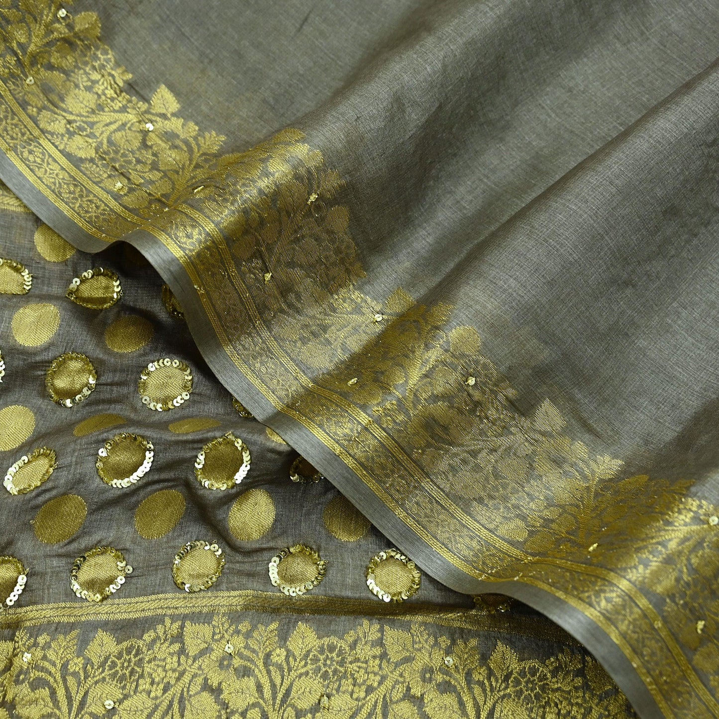 Indian Vintage Gray Dupatta Long Stole Pure Tussar Silk Hand Woven Scarves Veil Scarf Wrap Floral