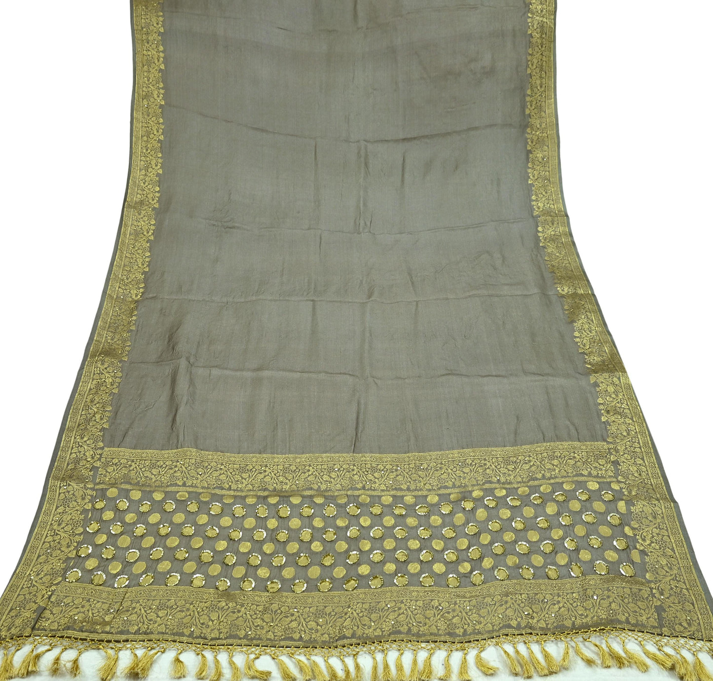 Indian Vintage Gray Dupatta Long Stole Pure Tussar Silk Hand Woven Scarves Veil Scarf Wrap Floral