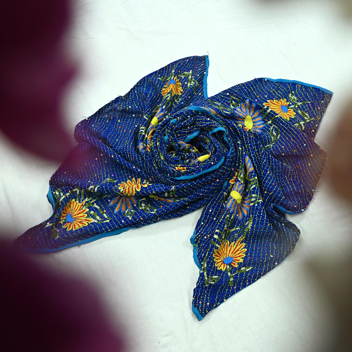 Indian Vintage Dupatta Blue Long Stole Hand Embroidered kantha stole Pure Georgette Silk Scarves Veil Wrap Soft Floral Sequins
