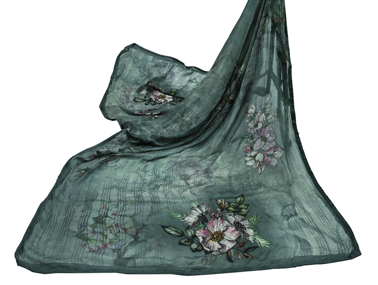 Women Indian Vintage Dupatta Gray Long Stole Pure silk Digital Printed Dupatta Veil Scarves soft Boho Wrap Dressmaking Floral Design